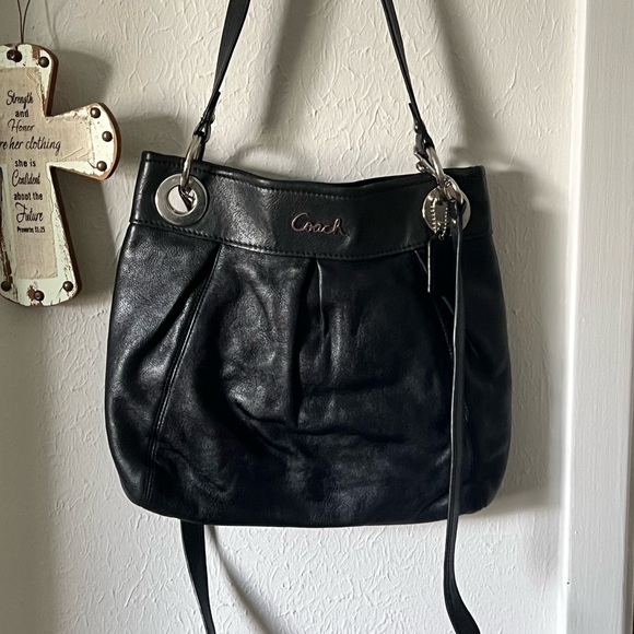 Coach Black Leather Shoulder Bag with Silver Accents - Picture 1 of 8